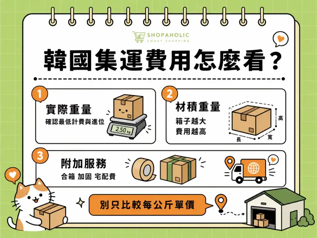 韓國集運費用計算方式,介紹實際重量、材積重量與附加服務等影響運費的主要因素。